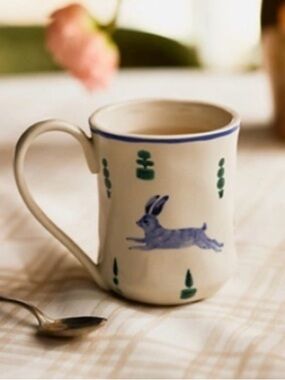 Anthropologie Lexington Stoneware Green Blue Bunny Coffee Mug Cup Cottagecore